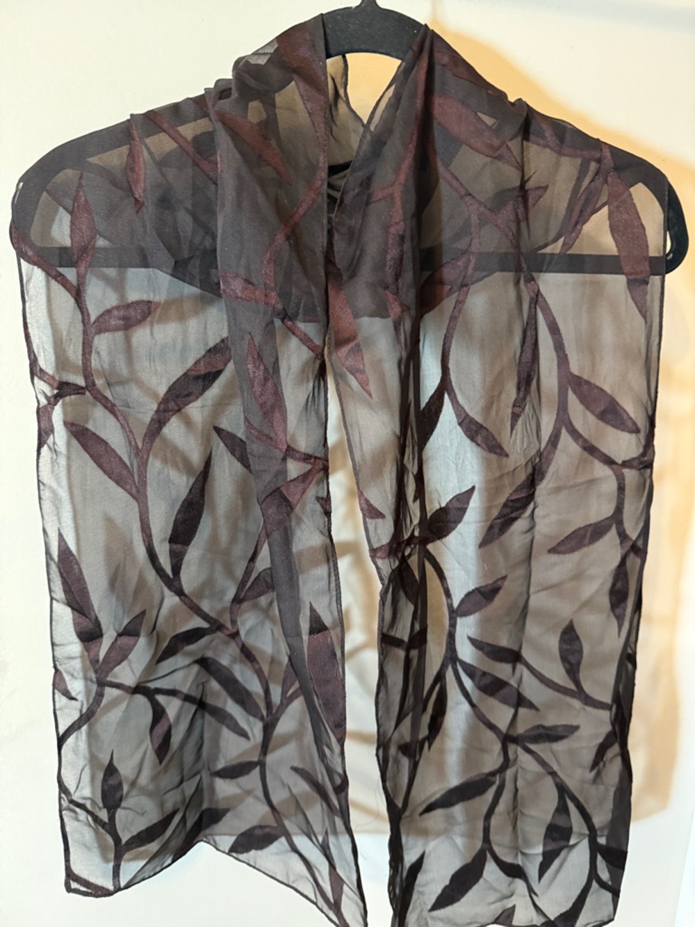 Vintage Sheer Leaf-Embroidered Scarf in Black